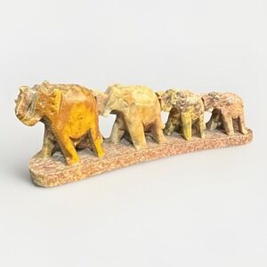 Vintage Indian Solid Carved Soapstone 4 Walking Elephant Incense Holder  6" Long